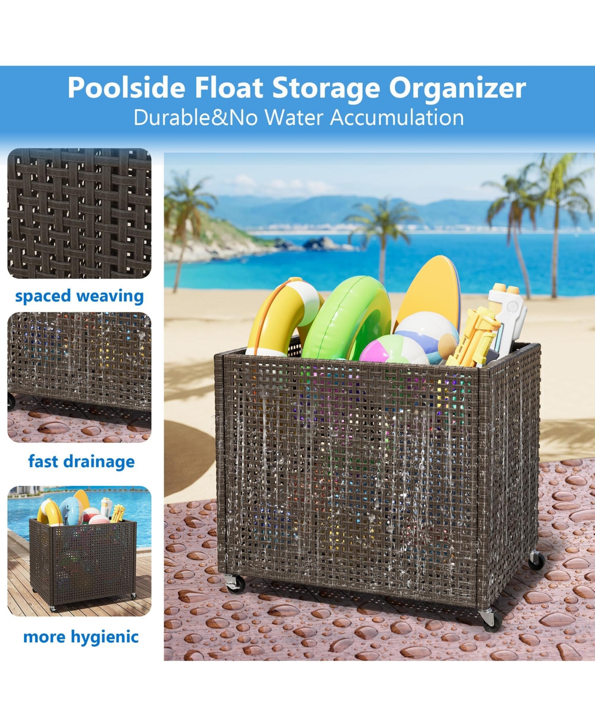 homfan Pool Float Storage Organizer with Wheels, Large Outdoor Mesh Rolling Cart for Noodles, Toys, Floats
