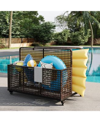 Pool Float Storage Organizer with Rolling Wheels, Outdoor Wicker PE Rattan Pool Caddy for Poolside, Patio and Deck, All-Weather Waterproof
