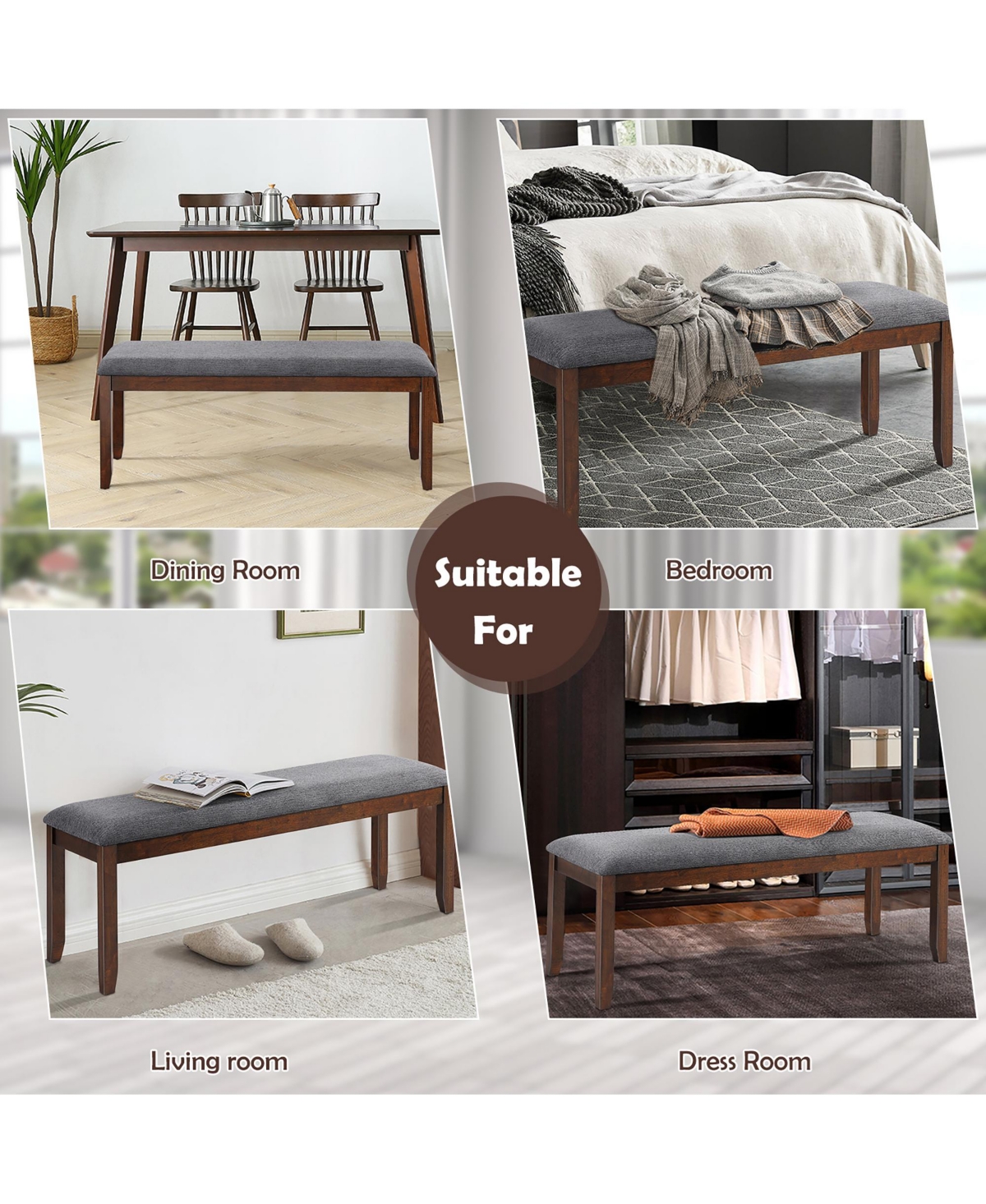 Costway Dining Bench Upholstered Entryway Bench Footstool Kitchen Wood Legs