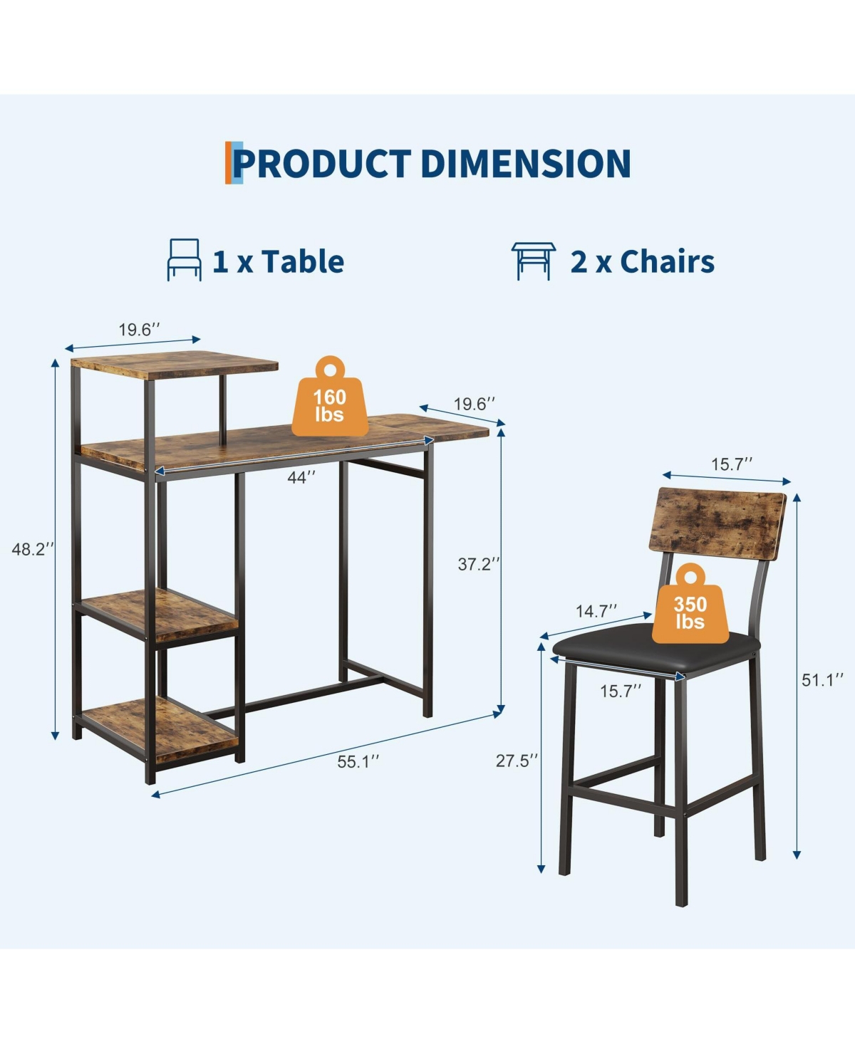 homfan Space-Saving 3-Piece Dining Table Set for 2