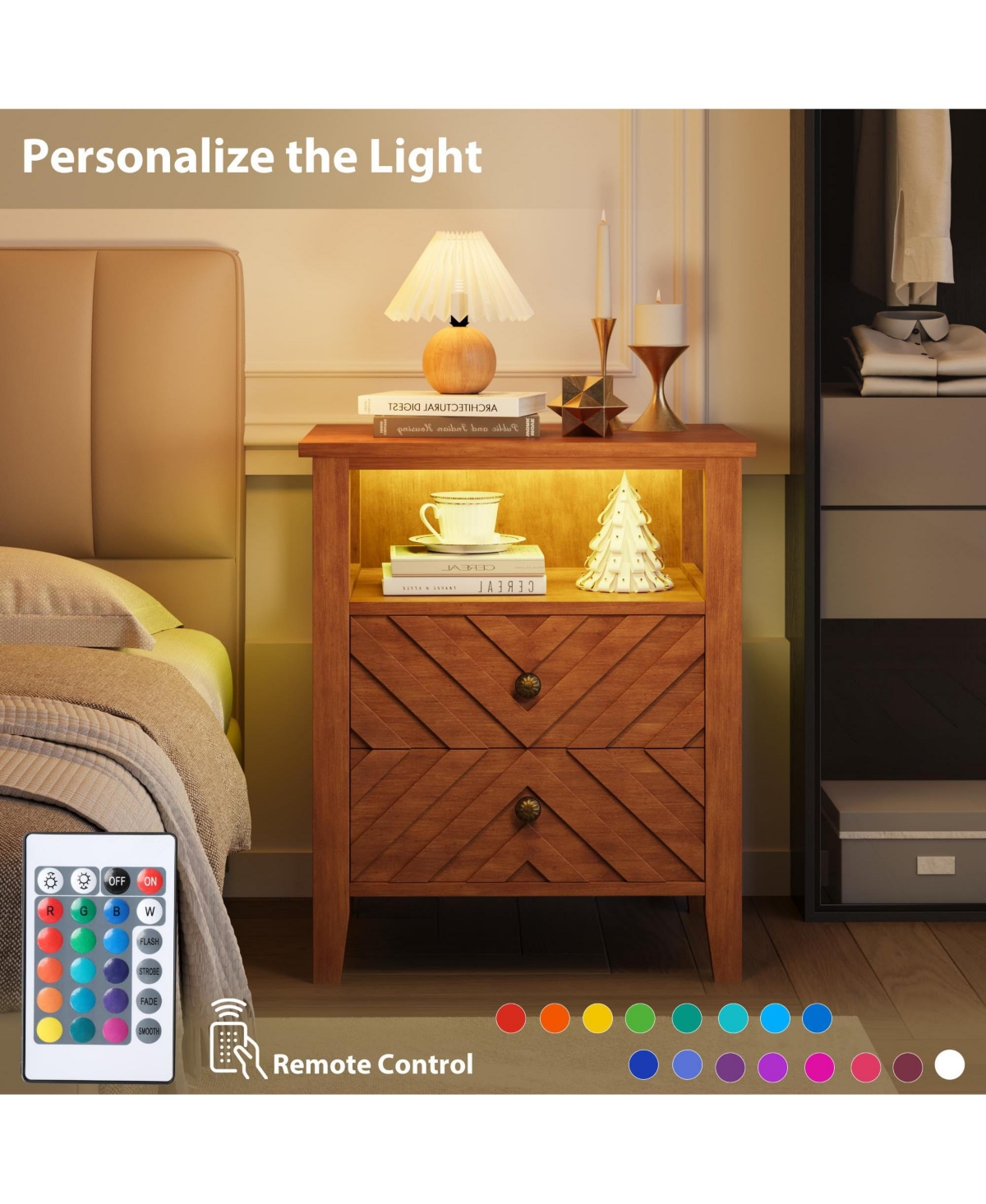 homfan Farmhouse Led Nightstand Set with 2 Drawers and Open Shelf, V-Accent Bedside Table with Wood Legs and Rgb Backlight