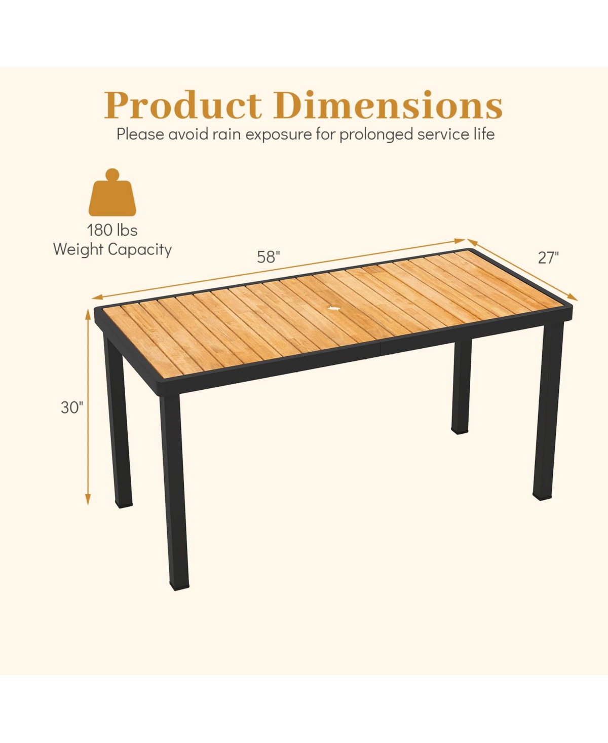 Gymax Acacia Wood Outdoor Dining Table Rectangular Patio Table w/ 1.97'' Umbrella Hole