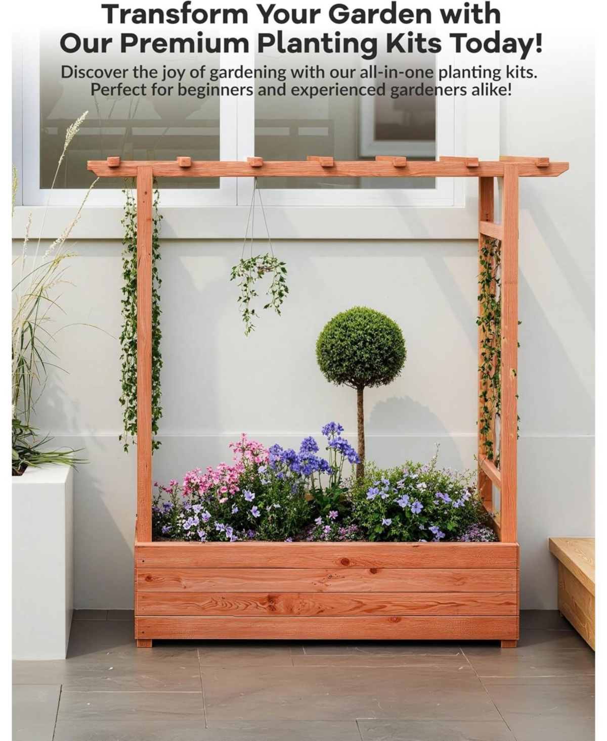 Xo 43"x17"x45" Elevated Garden Bed with Trellis, Wooden Planter Box with Roof for Climbing Plants Flowers, Outdoor Patio Garden