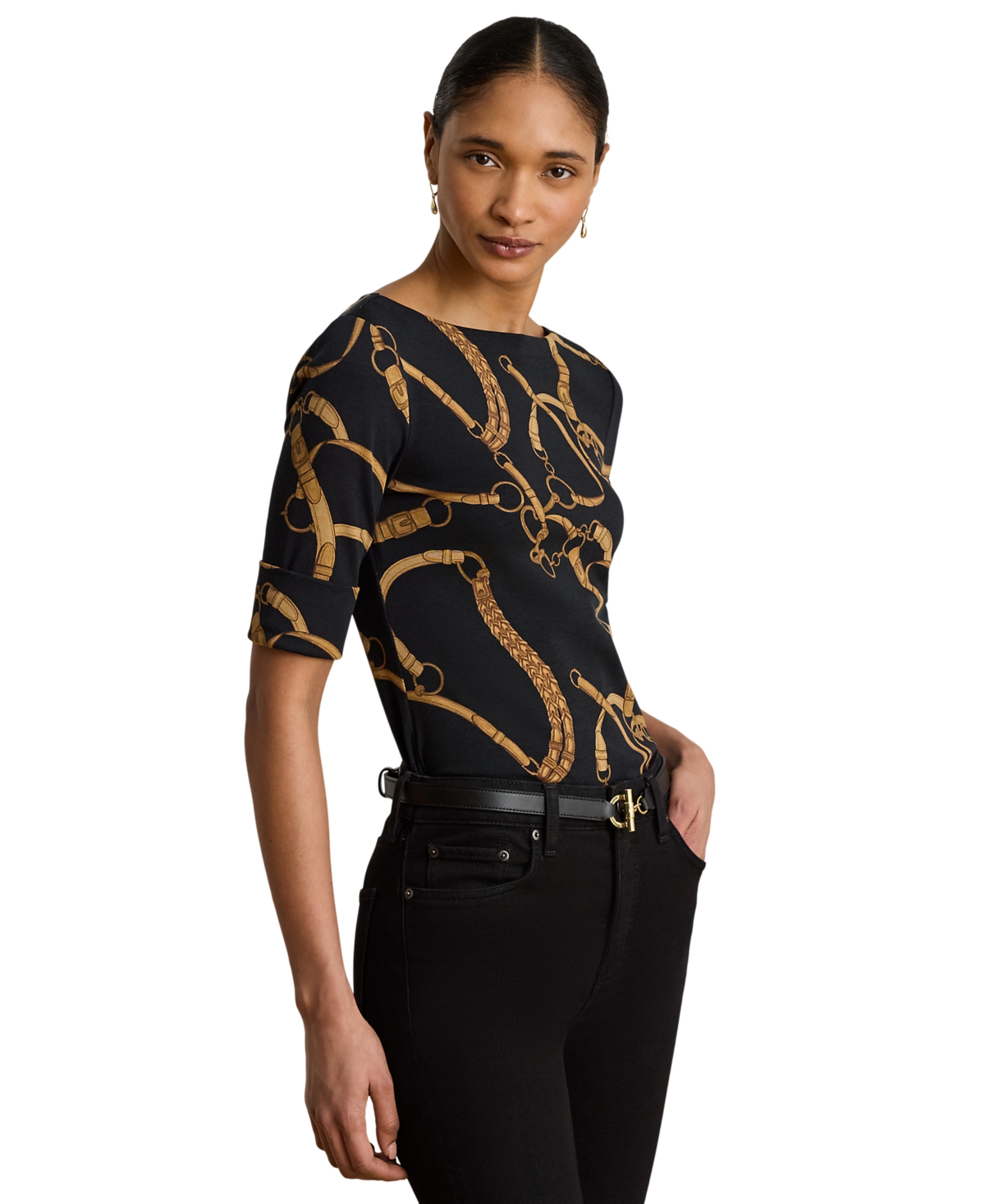 Ralph Lauren Petite Belting Print Boat Neck T-shirt In Black,tan
