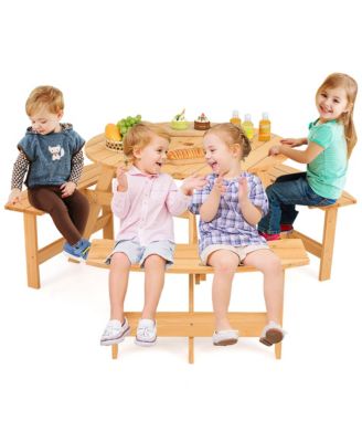 Kids Outdoor Wooden Picnic Table and Bench Set Umbrella Hole and Built-in Seats