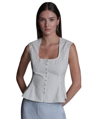 Women's Eyelet Detail Sleeveless Square Neck Peplum Top