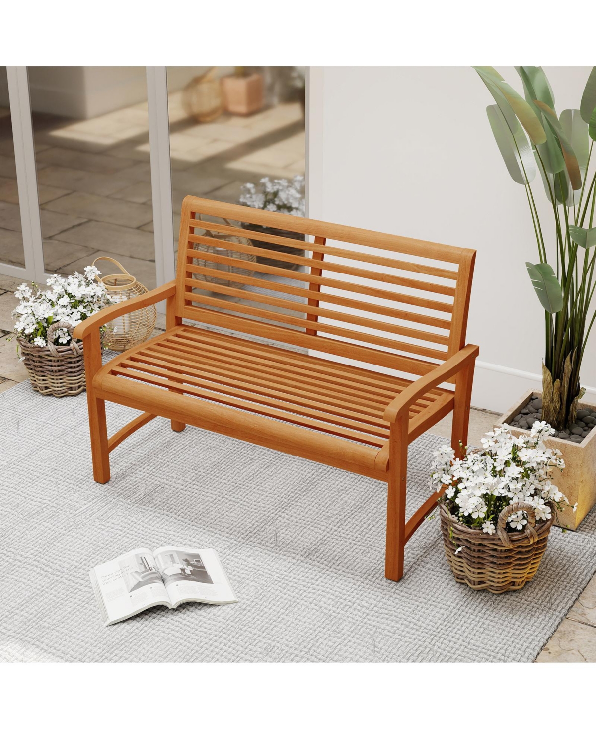 Gouun Teak Wood Outdoor Garden Bench 24-Inch with Slatted Backrest and Seat