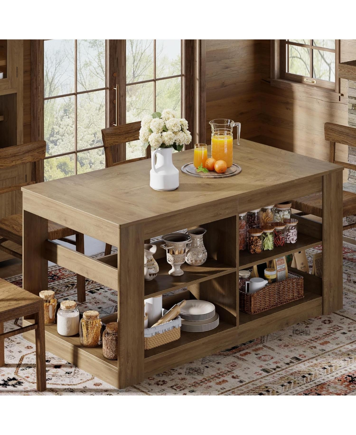 Tribesigns 63" Kitchen Island with Storage, 3-Tier Farmhouse Wooden Stationary Island Table with Large Worktop and Leg Room, Coffee Bar Table