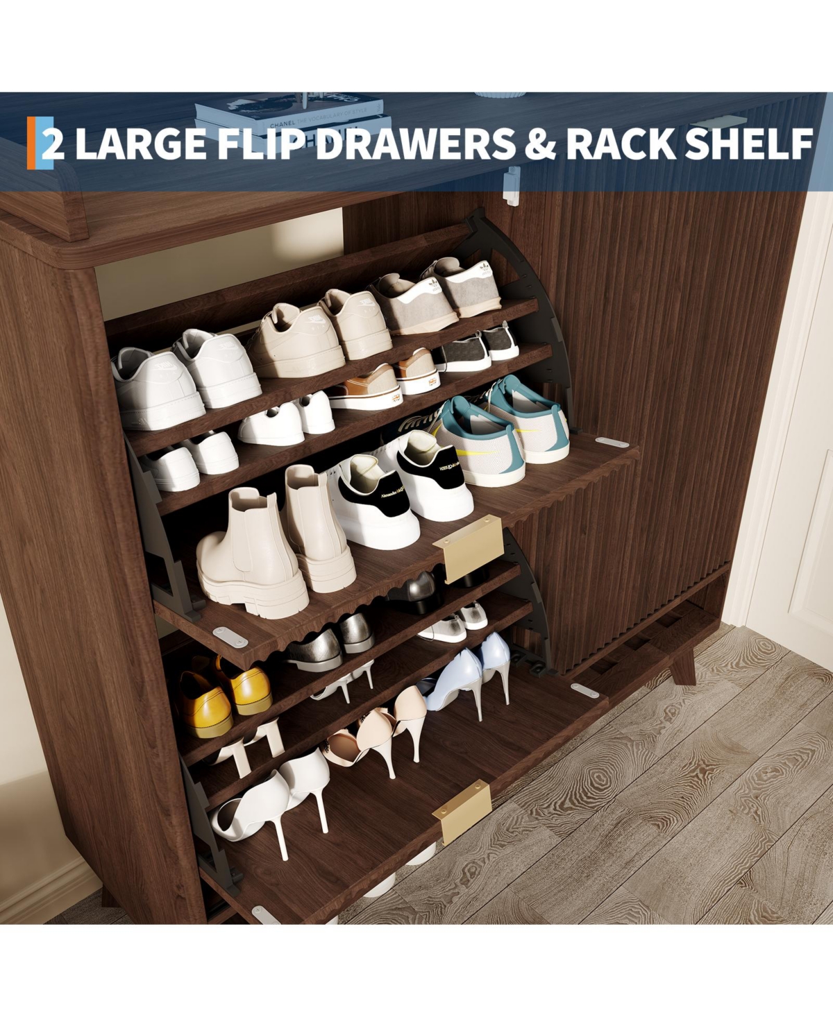 homfan Freestanding Narrow Shoe Cabinet with Sliding Door, 2 Drawers and Adjustable Shelves, Modern Hidden Storage Organizer for Entryway Hallway