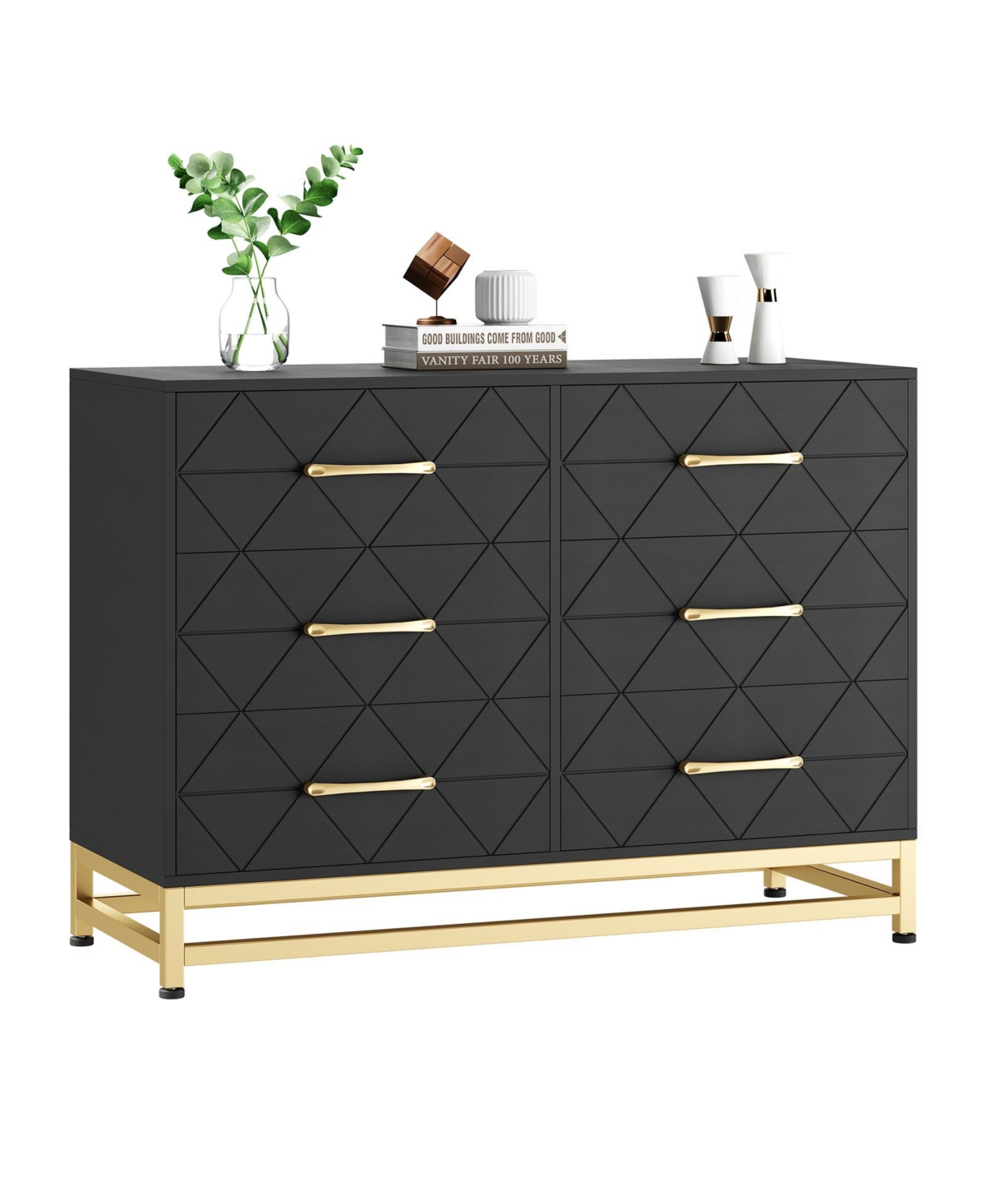 homfan 6-Drawer Dresser with Fabric Bins, Rattan Accent Storage Tower Tv Stand for 40" Tv, Bedroom, Closet, Hallway Organizer