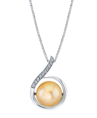Cultured Golden South Sea Pearl (11mm) & Diamond Accent Pendant Necklace in Sterling Silver