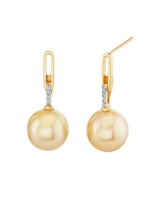 Cultured Golden South Sea Pearl (9mm) & Diamond Accent Drop Earrings in 10k Yellow Gold