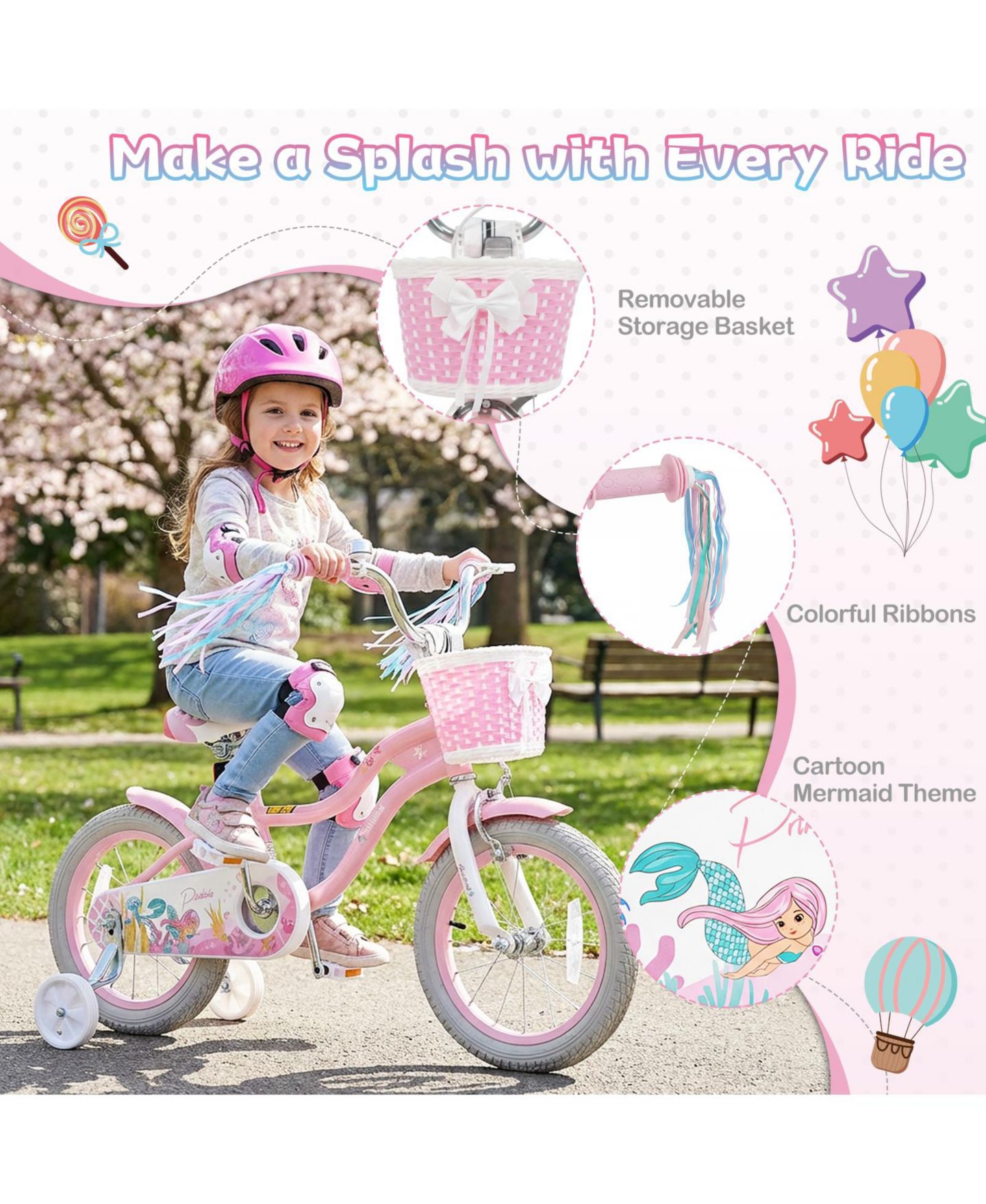 Детская игрушка Gymax 14-Inch Mermaid Kids Bike with Adjustable Seat, Training Wheels & Coaster Brakes, 110 lbs Capacity, Ages 3-5, цвет: Розовый — фото 10