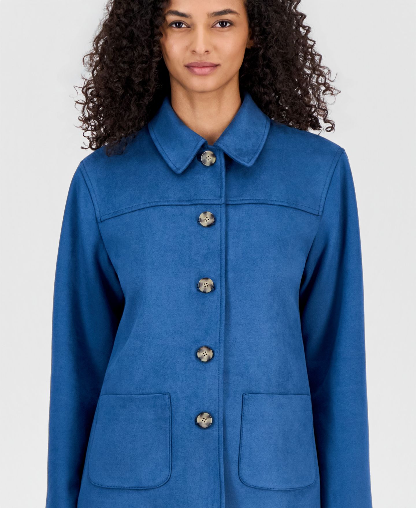 Женская куртка Anne Klein Faux Suede Button-Front Long-Sleeve Jacket, цвет: Тёмный синий — фото 2