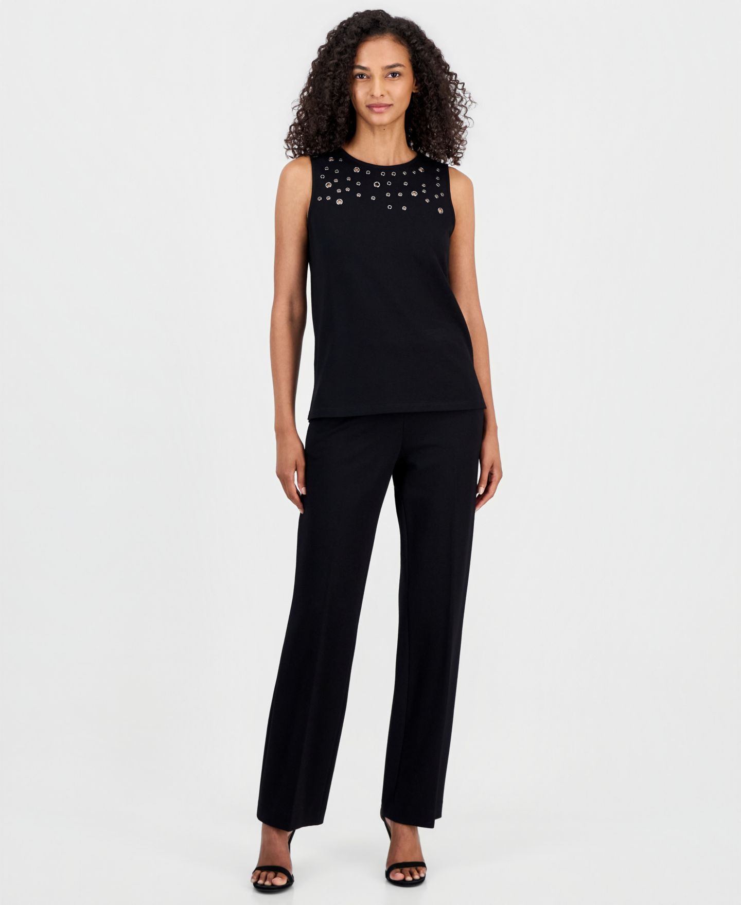 Женский топ Anne Klein Crewneck Grommet-Trim Sleeveless Top, цвет: Чёрный — фото 2
