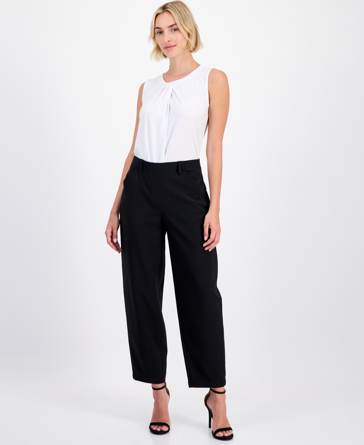 Anne Klein Petite Mid-Rise Barrel-Leg Pants