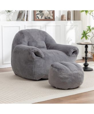 Bean Bag Chair With Footstool, Faux Fur Bean Bag Chair, with Filler Included, Soft Beanbag Chairs, Ergonomic, for Bedroom and Living Room