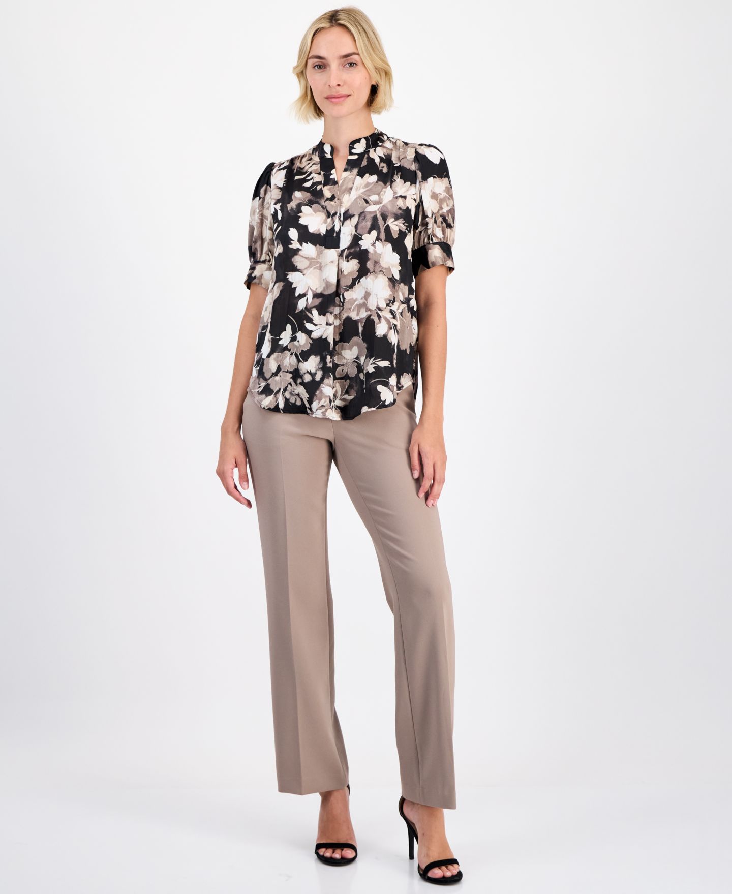 Женский топ Anne Klein Puffed-Sleeve Top, цвет: Чёрный / Латте разноцветный — фото 2