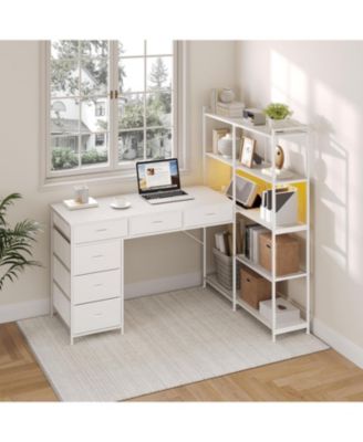 L-Shaped Gaming Desk with 6 Drawers - Corner PC Table with Open Shelves, Power Outlets and LED Lights