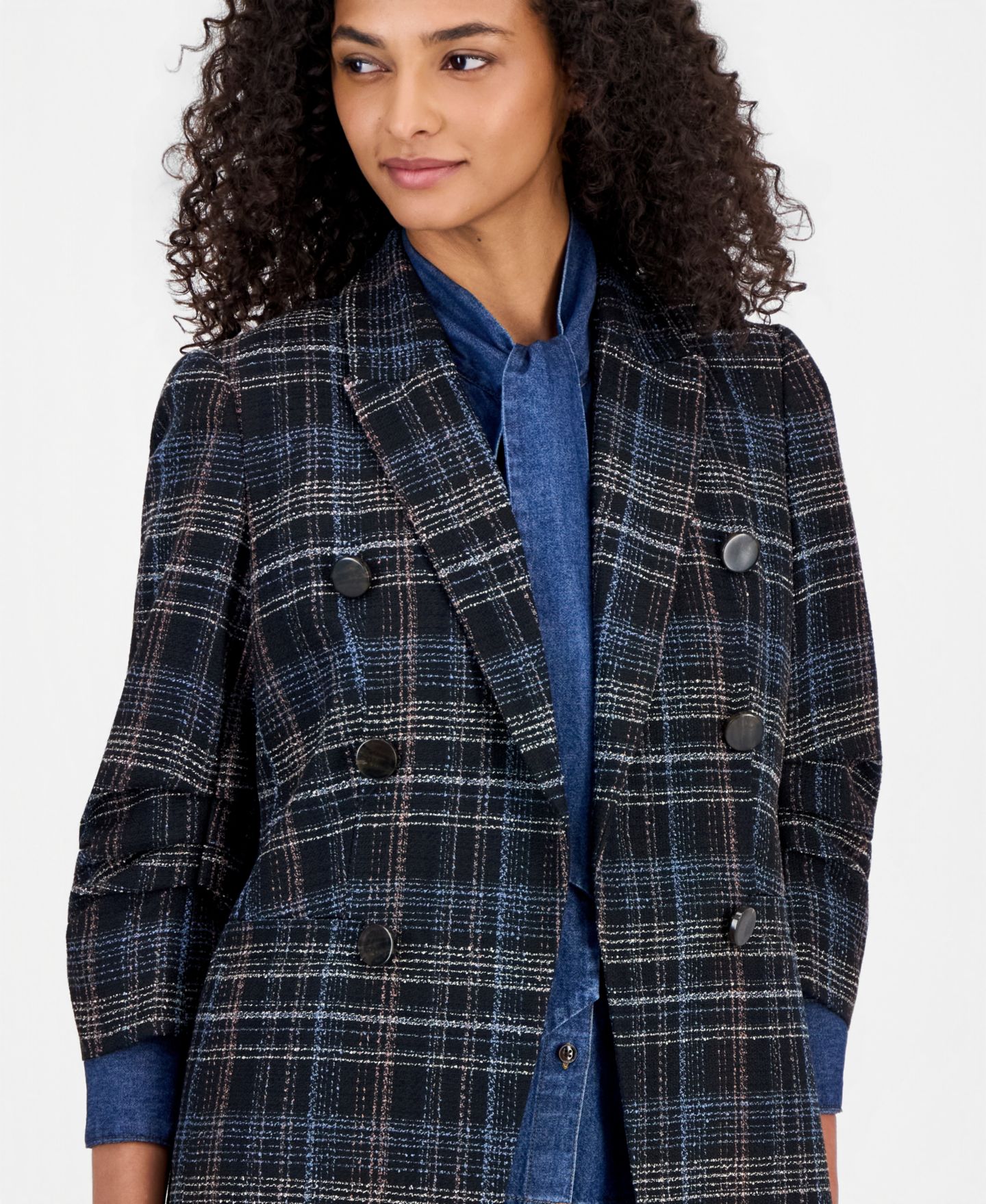 Женский пиджак Anne Klein Plaid Faux-Double-Breasted Blazer, цвет: Чёрный разноцветный — фото 4