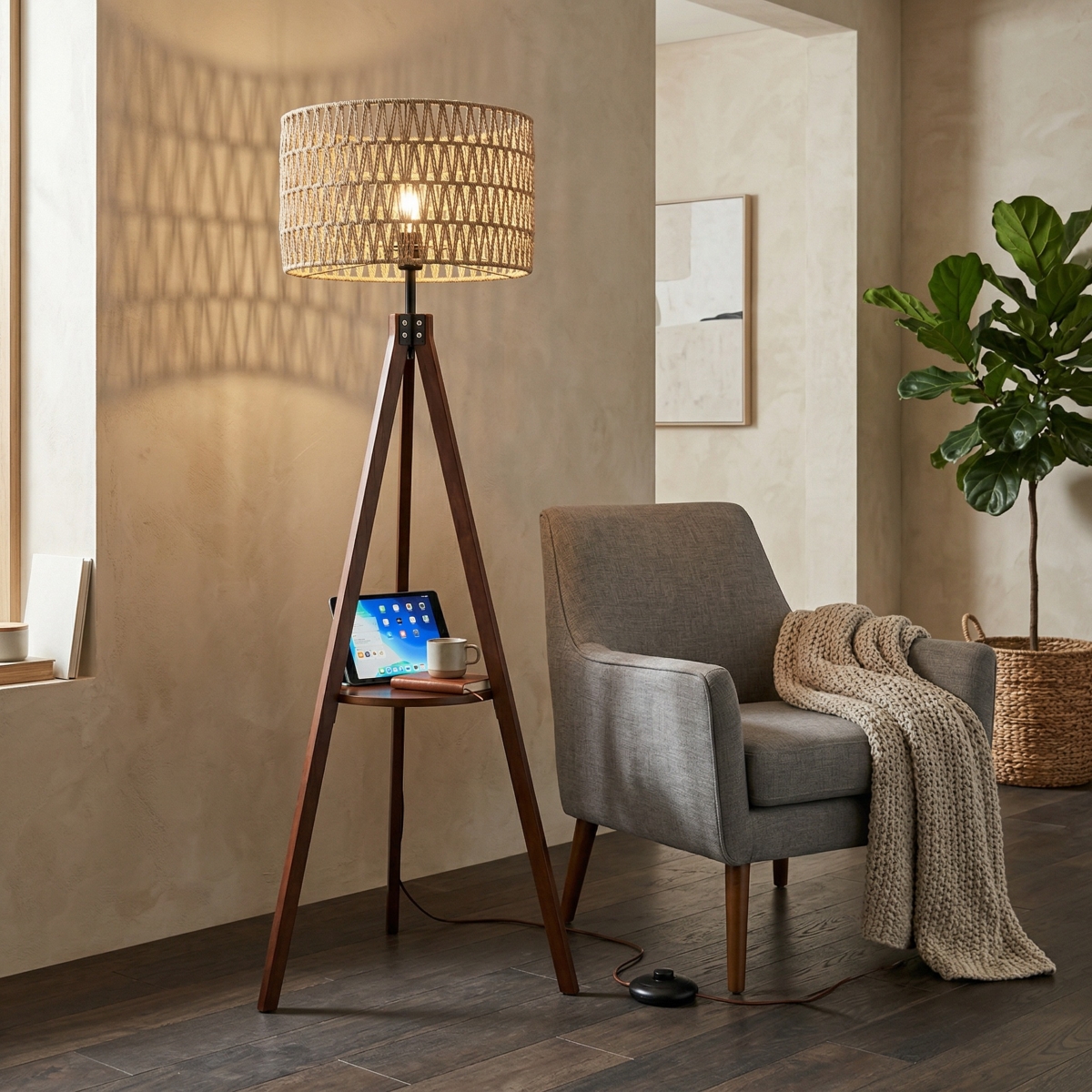 Modern Tripod Floor Lamp with Natural Rattan Shade and Built-in Shelf