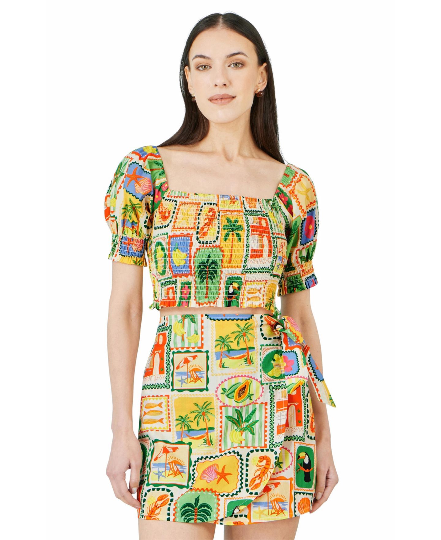 Женский топ Yumi Cropped Shirred Postcard Print, цвет: Разноцветный — фото 2