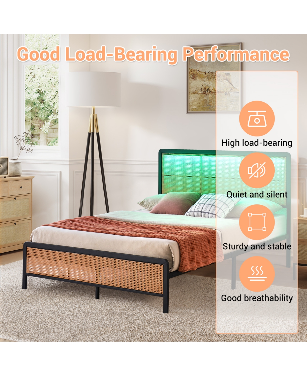 homfan Rattan Platform Bed Frame with Led Headboard, Modern Boho Cane Style, Heavy Duty Metal Frame, Steel Slats, No Box Spring Needed