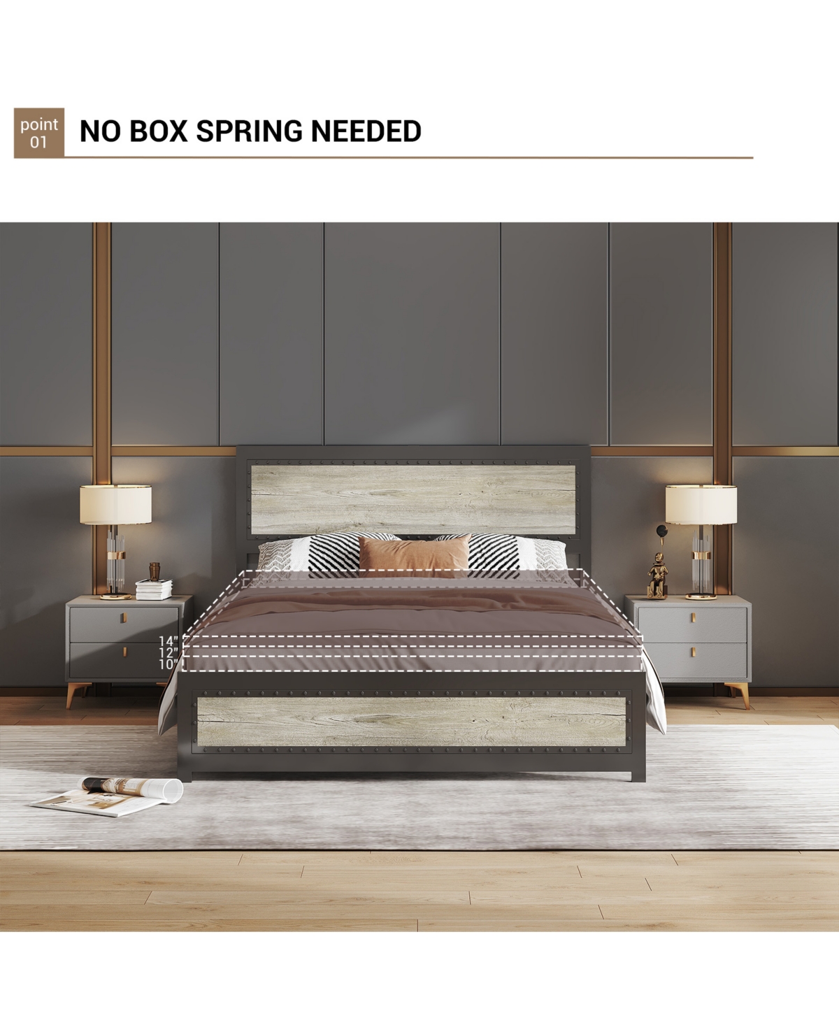 homfan Platform Bed Frame with Charging Station, Industrial Headboard and Footboard, Metal Slat Support, Box Spring Not Required