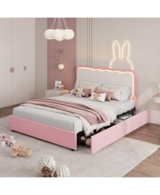 LED Bed Frame with Storage Drawer and Adjustable Headboard, Velvet Princess Platform Bed for Kids, Heavy Duty Metal Support