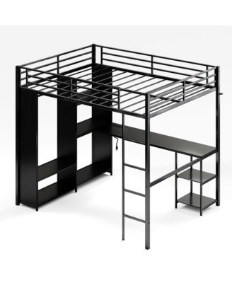 Queen Size Loft Bed with Desk and Storage Shelf, Heavy-Duty Metal Bed Frame Equipped with Wardrobe, Clothes Hanging Rod, Guardrail and Ladder