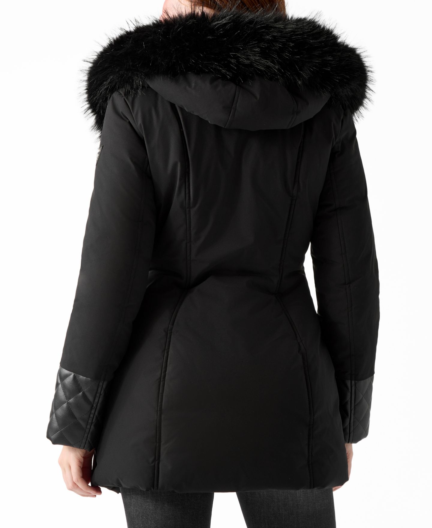 Женская куртка GUESS Pleather-Sleeve Detailed Faux-Fur Hooded Puffer, цвет: Чёрный — фото 6