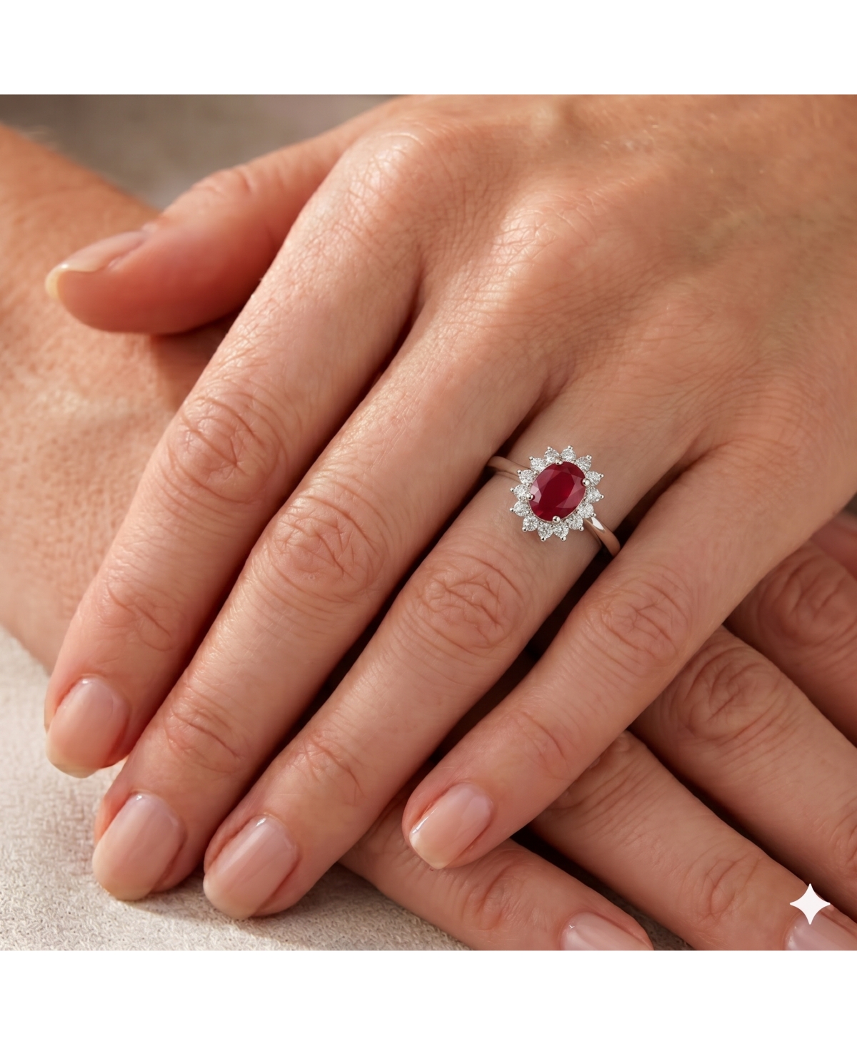 Simona Elegant Oval Ruby Halo Cz Flower Design Ring