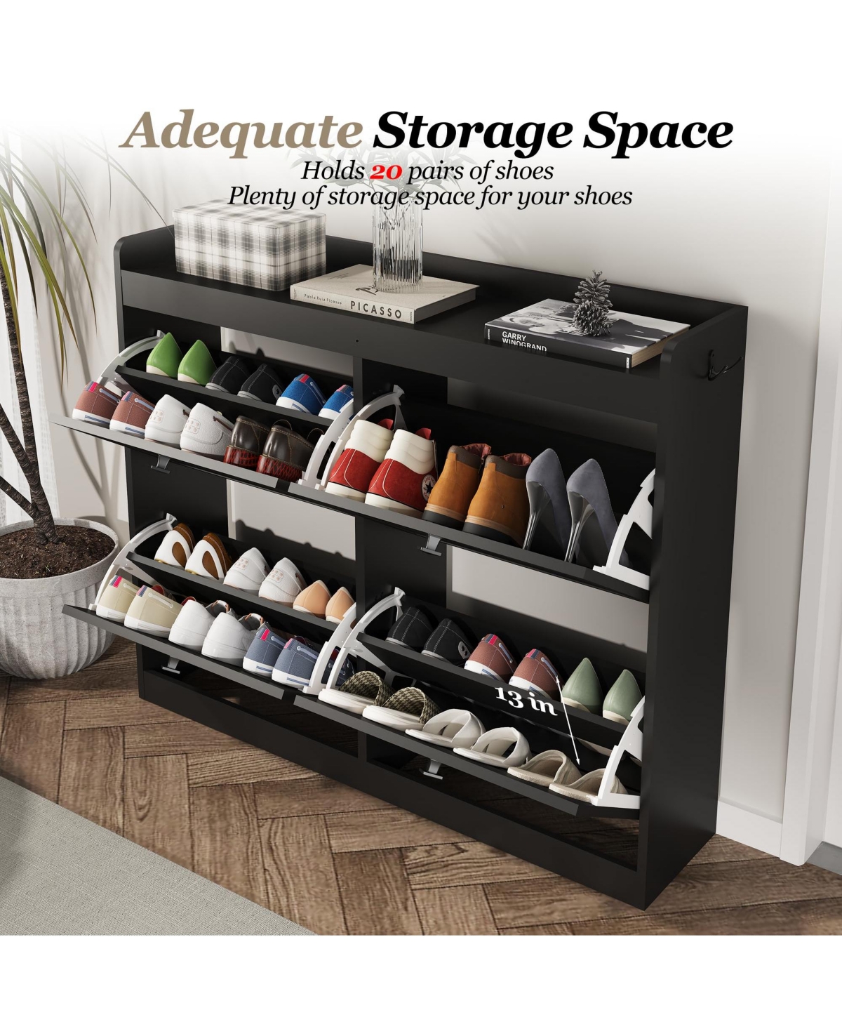 homfan Entryway Shoe Storage Cabinet with 4 Front Panels, Louvered Style Design and Top Shelf, Space-Saving Shoe Organizer for Hallway, Foyer, Bedroom