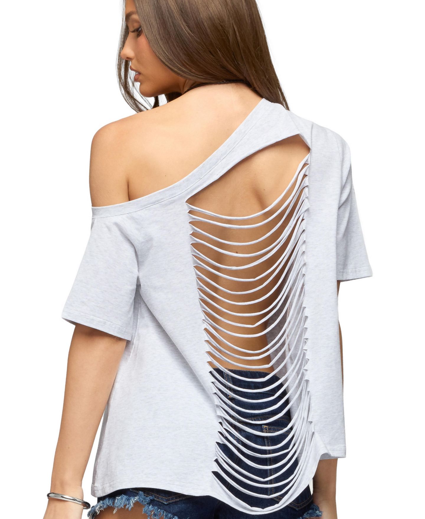 Женский топ Edikted Miah Off Shoulder Shredded Back, цвет: Светлый серый меланжевый — фото 2