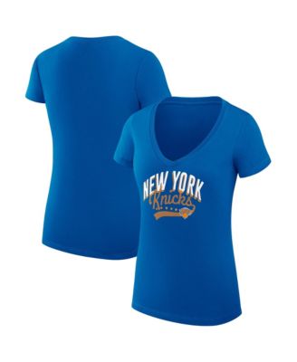 Women's Blue New York Knicks Super-Slim Fit Lightweight Filigree Logo V-Neck T-Shirt
