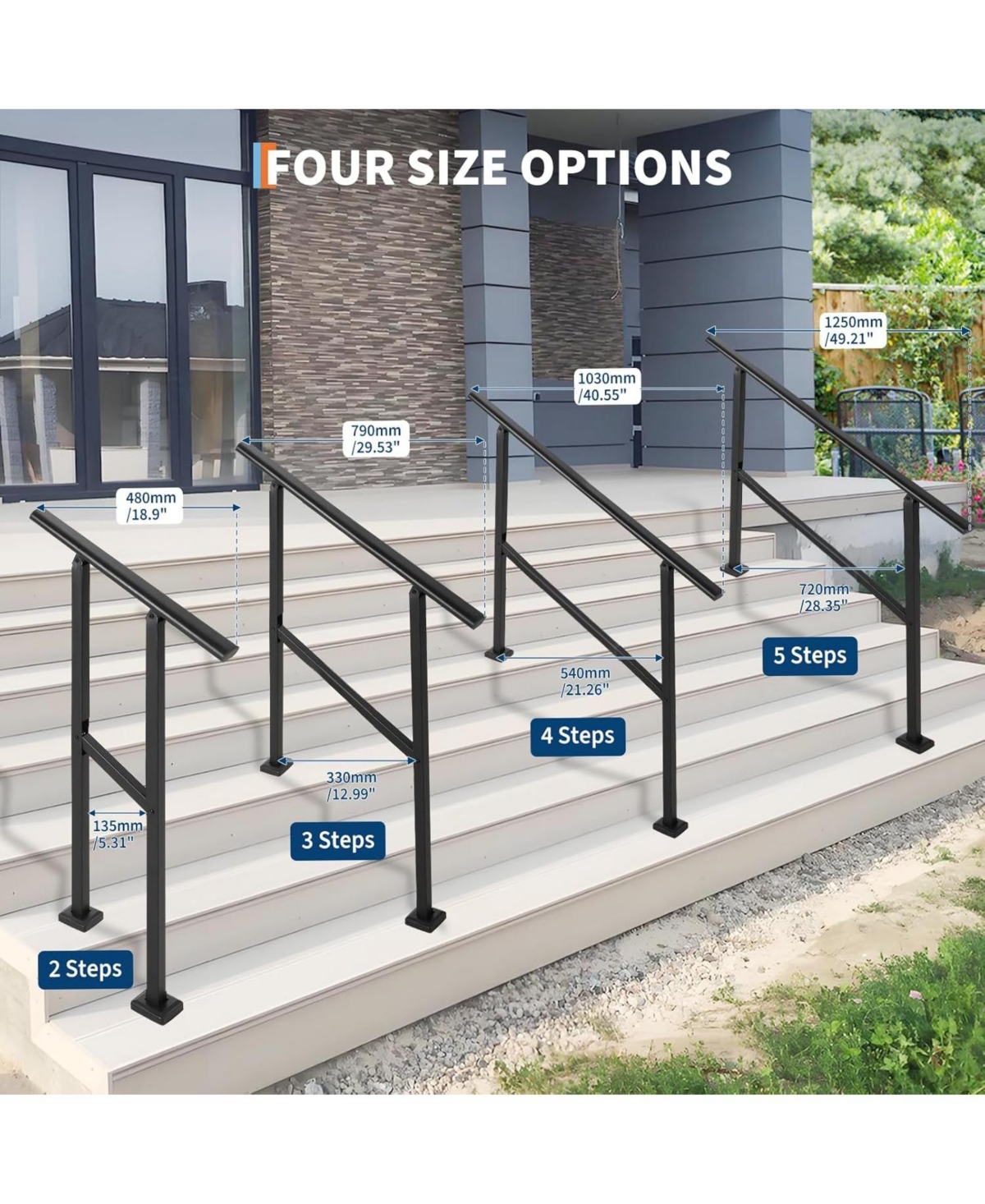 gaomon 4-Step Adjustable Outdoor Stair Handrail Kit Metal Stair Railing for Porch Deck and Garden Adjustable Complete Installation