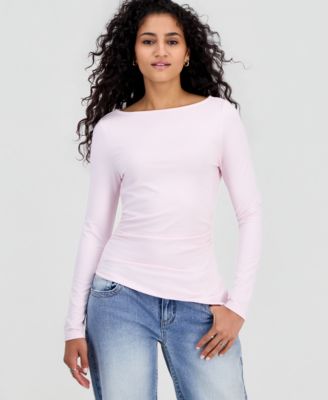 Juniors' Ruched Boat Neck Long Sleeve Top