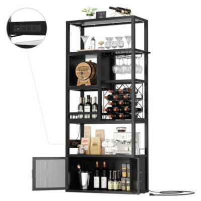 Tall Wine Bar Cabinet with LED Light and Charging Station, 7-Tier Wine Bar Cabinet