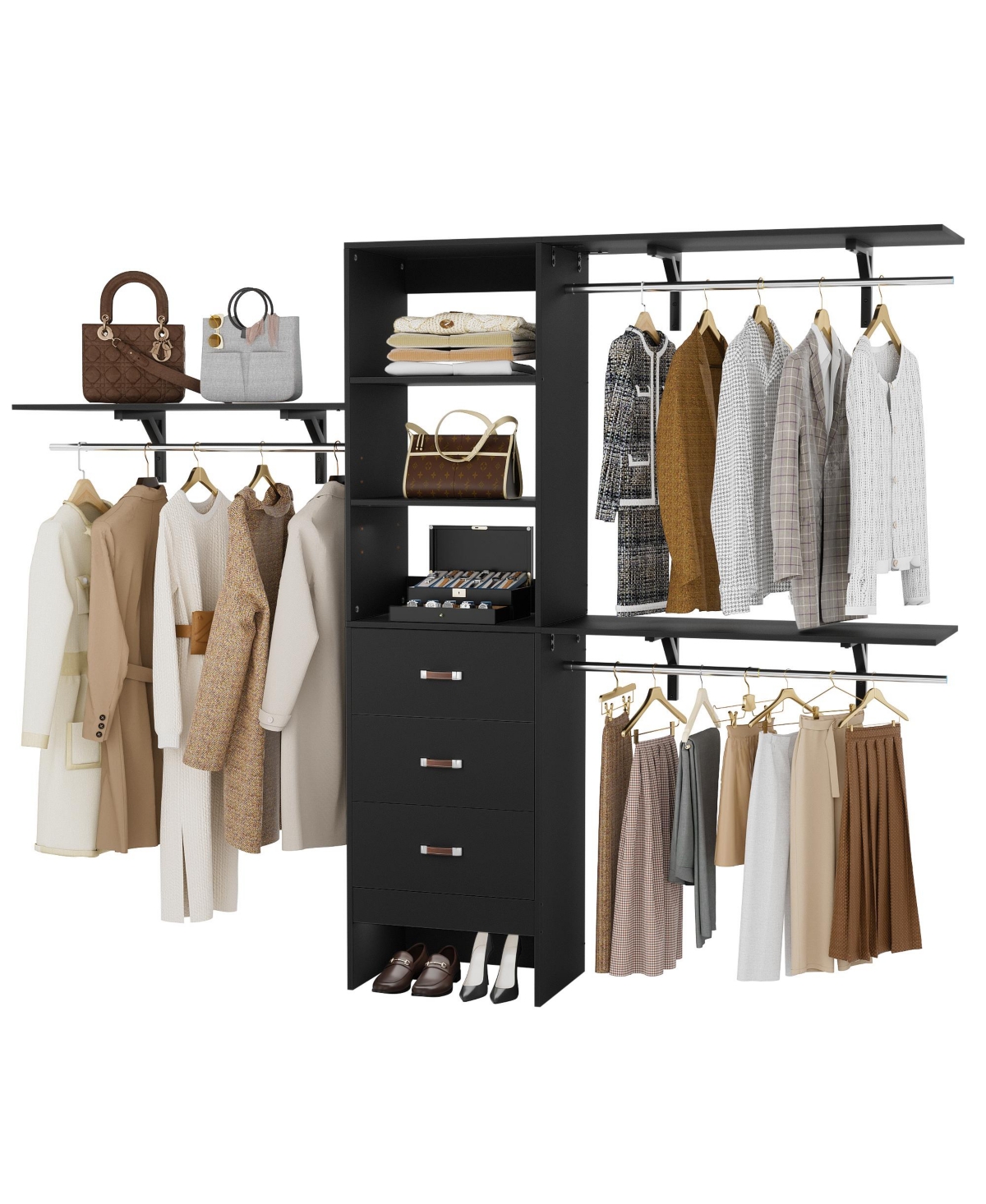 Aheaplus Closet System with 3 Hanging Rods, Drawers and Shelving Tower, 5-8 Feet Walk-in Organizer