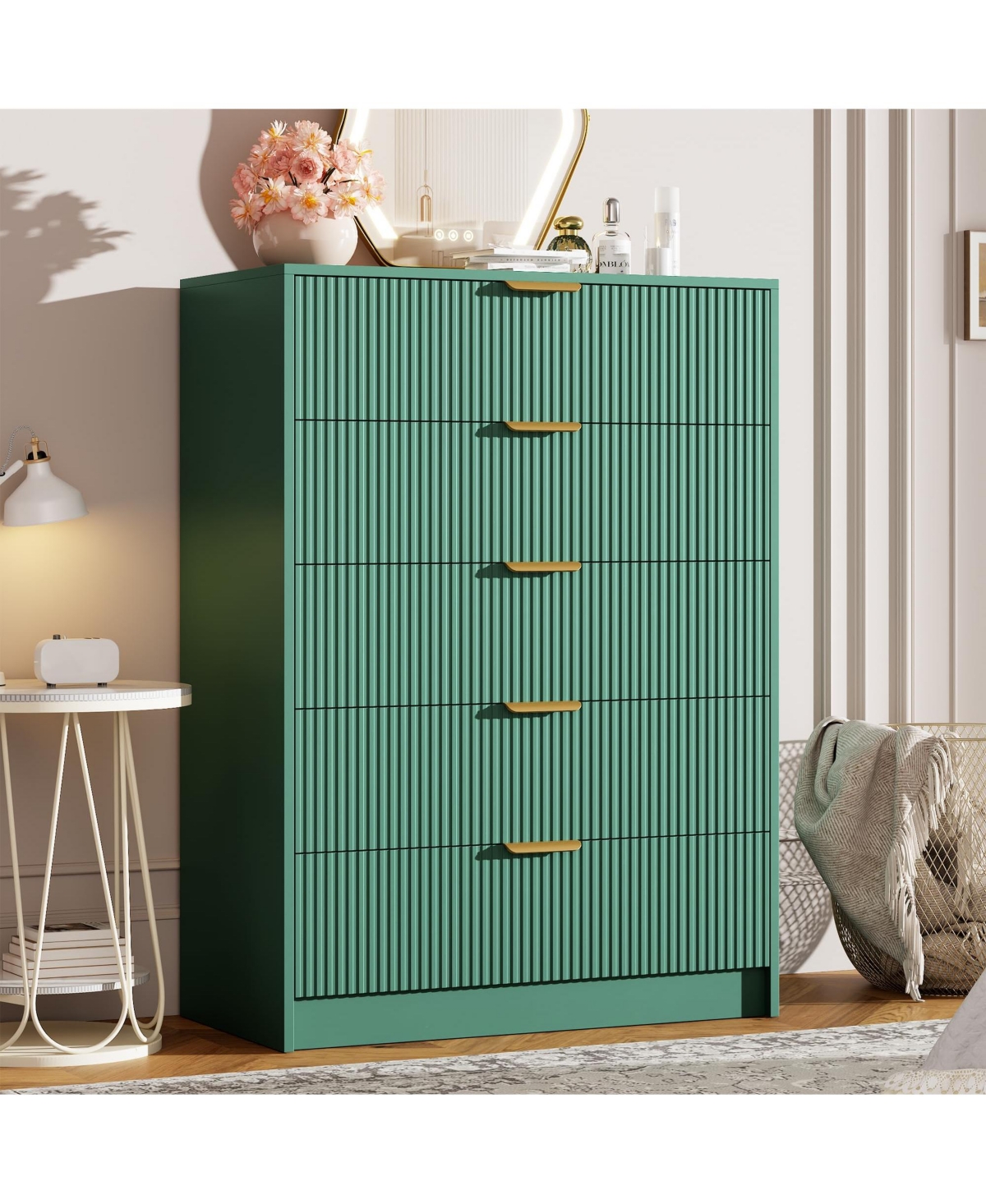 homfan 5-Drawer Fluted Dresser Chest with Metal Handles, Modern Vertical Storage Organizer for Bedroom, Entryway or Living Room