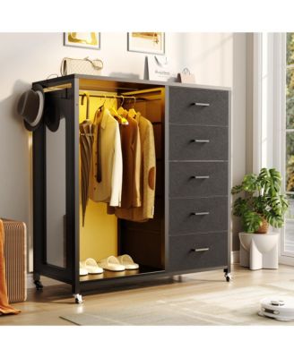 45-Inch Rolling Dresser with Mirror, Closet Organizer with 5 Fabric Drawers and Charging Station