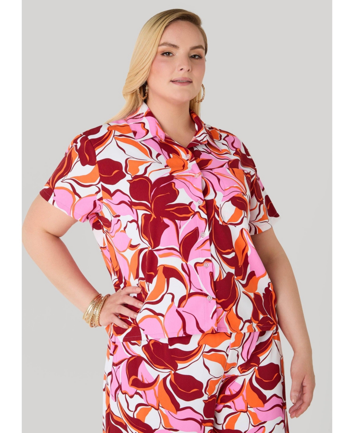 Ashley Stewart Plus Floral Boxy Cropped Shirt