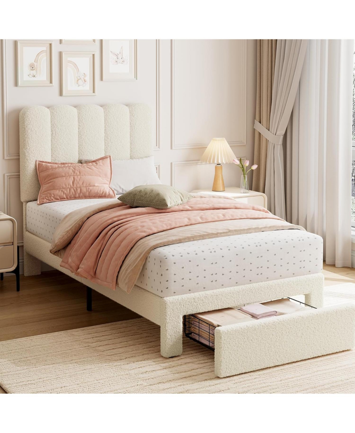 homfan Twin Bed Frame with Under-Bed Drawer, Boucle Upholstered Platform Wave Headboard for Kids/Girls, Wooden Slats Support