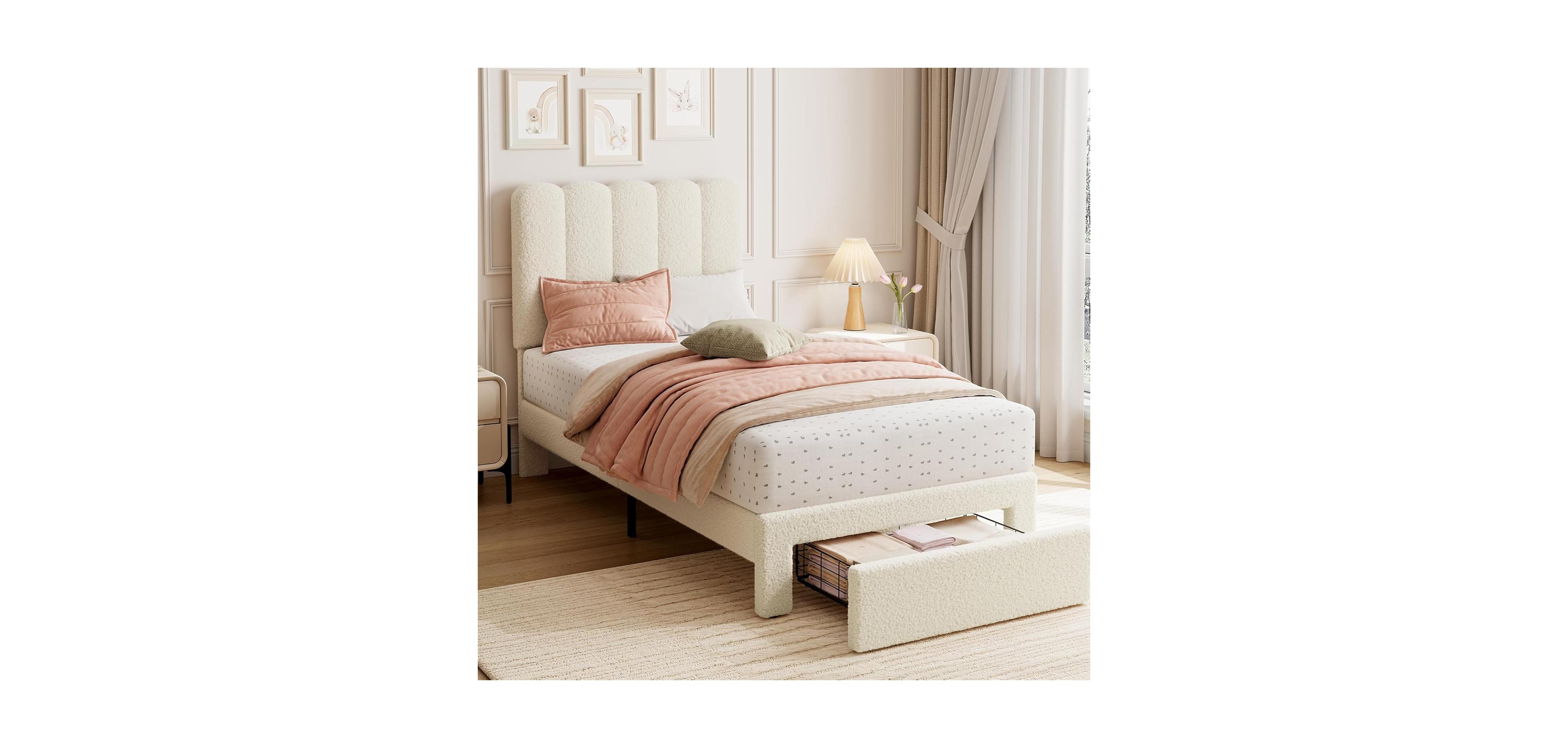homfan Twin Bed Frame with Under-Bed Drawer, Boucle Upholstered Platform Wave Headboard for Kids/Girls, Wooden Slats Support