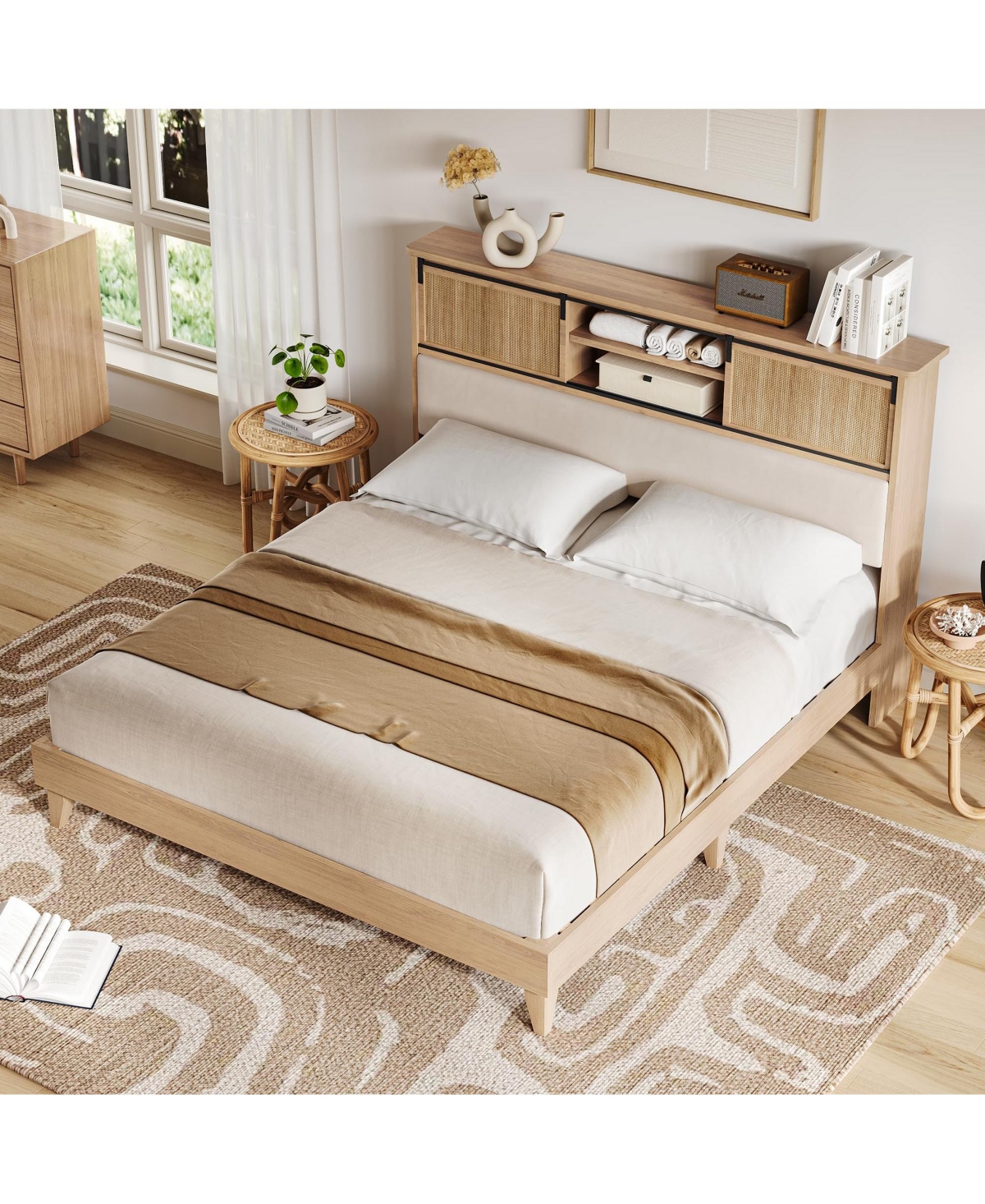 homfan Rattan Bed Frame with Shelves, Boho Bed Frame with Shelf Headboard Sliding Door, Wood Foundation with Silent Slats