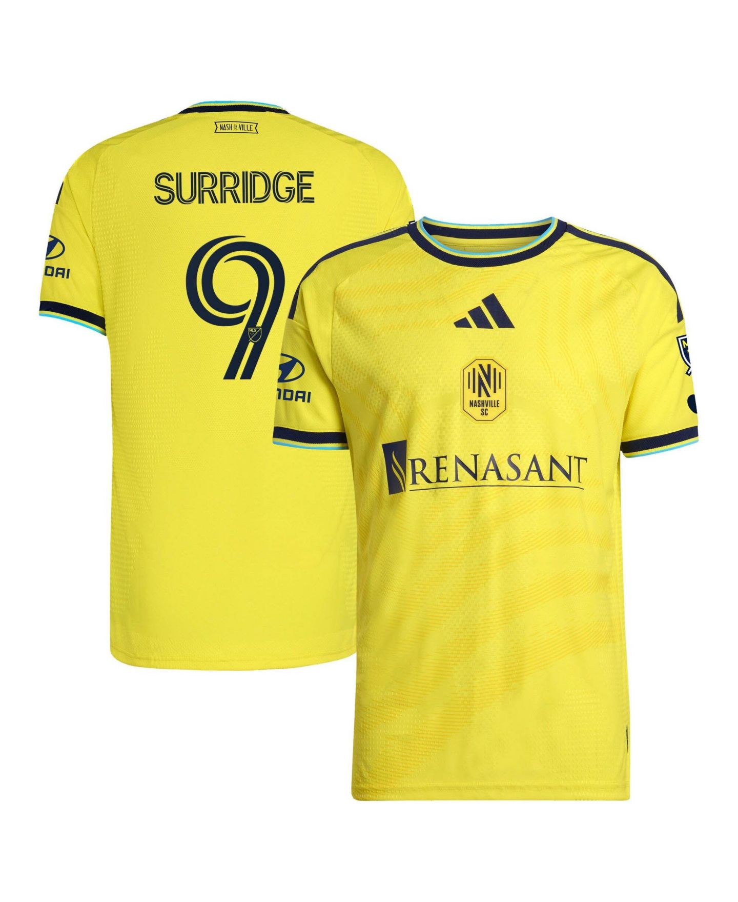 Мужские топы adidas Sam Surridge Yellow Nashville SC 2026 The Reverb Kit On-Field Authentic Patch Jersey — фото 1