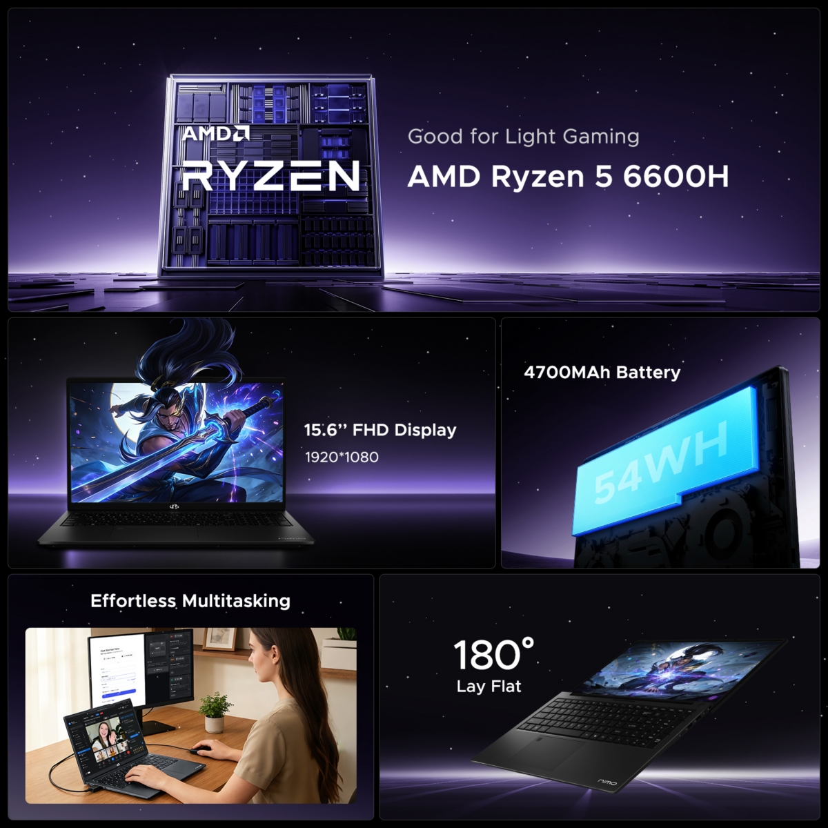 Nimo 15.6 Gaming Laptop Amd Ryzen 5 6600H 6-Cores 32GB DDR5 Ram 512GB Ssd 4.5GHz