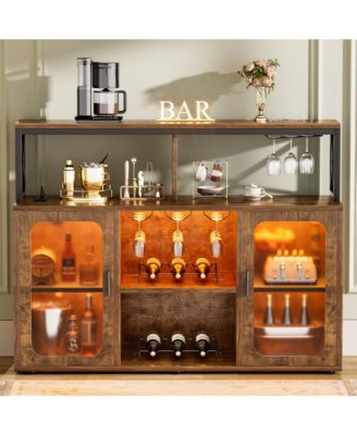 Wine Bar Cabinet with Glass Holders and and Doors, Buffet Wine cabinet with Power Outlet