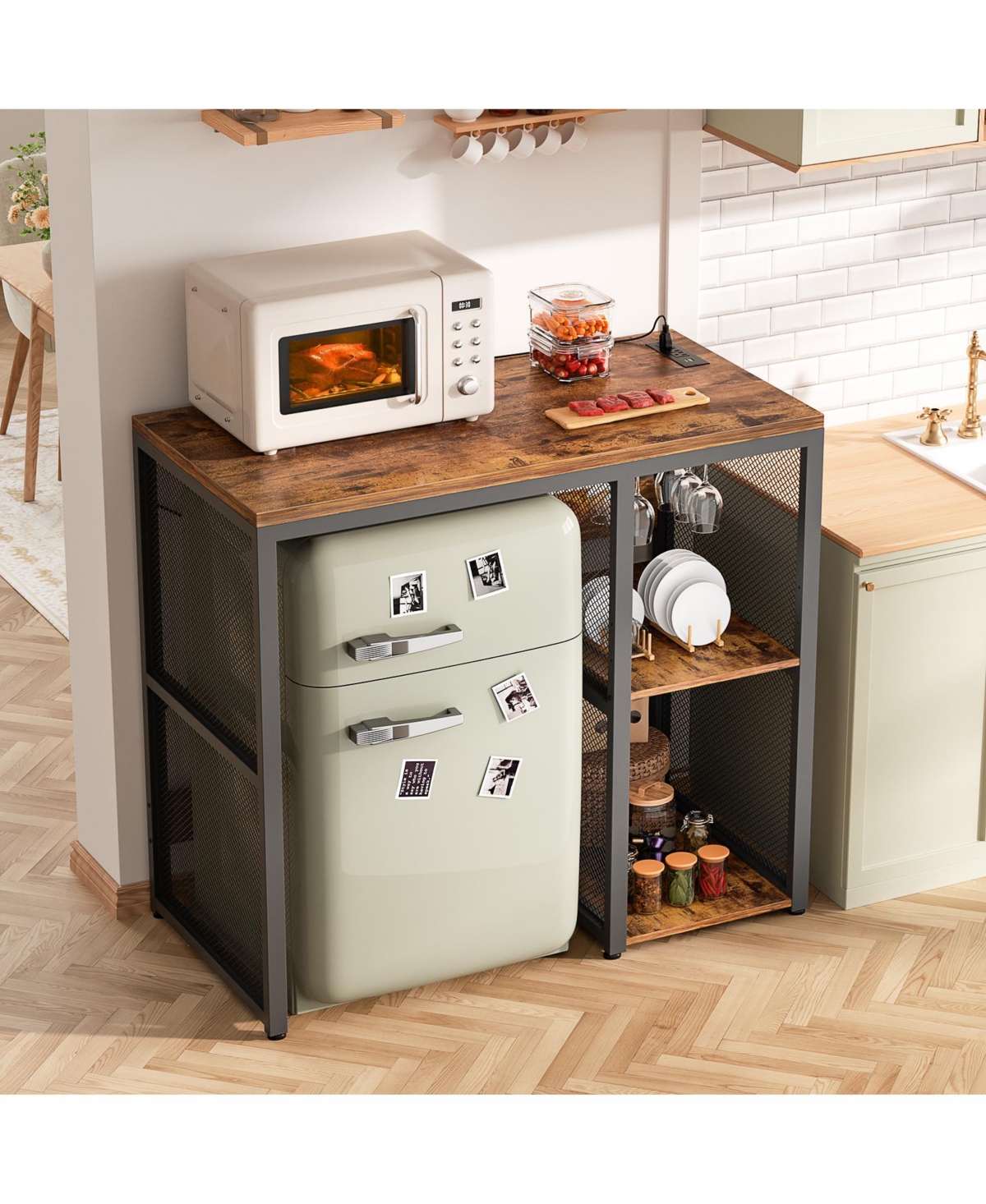 Aheaplus Coffee Bar Cabinet with Mini Fridge Space, Buffet Sideboard with Charging Station