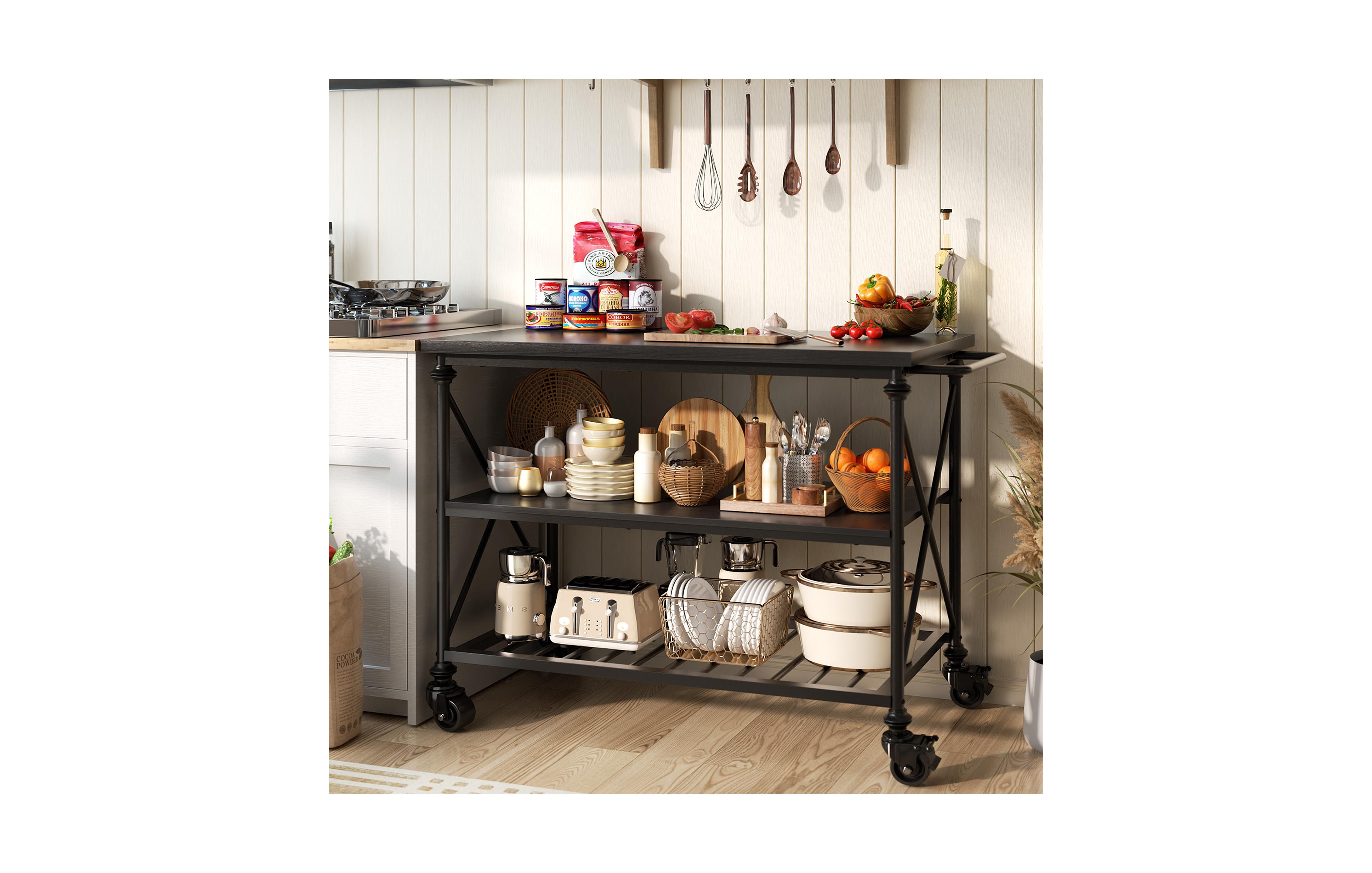 Aheaplus 3-Tier Kitchen Island Cart with Wheels, Storage Shelves Lockable Casters